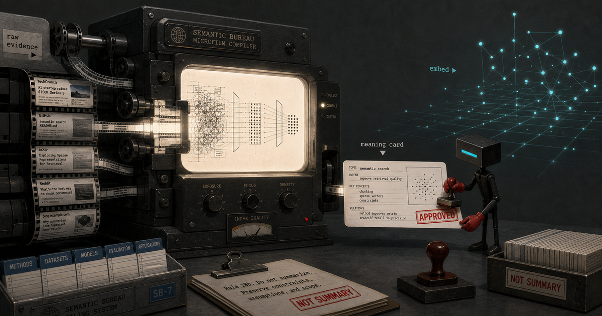 An Index Clerk illustration showing raw evidence compiled into clean meaning before vector search.